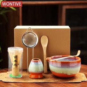 6PCS 말차 세트 세라믹 그릇 대나무 거품기 스쿱 티스푼 체 빈티지 송나라 다도