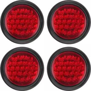 4Pcs 4인치 원형 LED 트레일러 테일 라이트 레드 24 방수 스톱 턴 브레이크 플러시 마운트 트럭 RV에는 그로밋 3-프롱 와이어 피그테일 12V 밀봉 포함