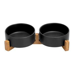 나무 스탠드가 있는 스펀키 세라믹 개와 고양이 그릇 세트, 소형견(13.5OZ) 및 중형견(28.7OZ) 고양이(1.7컵, 2 블랙)용 모던 귀여운 무게 식수원 세트