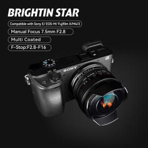Brightin Star APS-C 어안 대형 조리개 수동 초점 미러리스 카메라 렌즈 소니 후지필름 캐논용 7.5mm F2.8