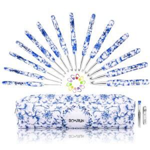 케이스 14 사이즈의 청화백자 무늬 관절염 손용 코바늘 세트, 2.25mm(B)-10mm(N) 코바늘 초보자용, 어머니의 날 선물, 코바늘 애호가용 (Azure)