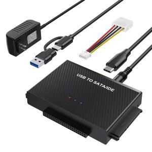 USB 3.0에서 SATA IDE 어댑터 하드 드라이브 리더, USB + 타입 C에서 외장 하드 드라이브 디스크 HDD로 변환 키트 유니버설 2.5인치 3.5인치 IDE HDD, 2.5인치 SSD, 12V / 2A 전원 어댑터 포함