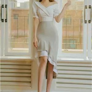 스커트 원피스 여자 패션 버블 쉬폰 화려한 세트 허리 네크라인 반팔 노출 비대칭 시폰 어깨 고 BE2