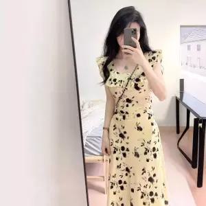 여사친 원피스 스커트 롱 여름 쉬폰 시폰 티쉬 프렌치 날개 소매 프릴 U넥 플라워 머메이드 BE2