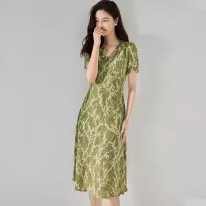 여자 원피스 치마 흰색 쉬폰 시폰 아보카사이즈그린 프린트 티쉬어 브이넥 엘레강스한허리 슬림 BE2