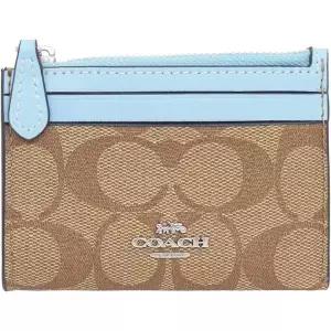 COACH 코치 F88208 시그니처 미니 ID 키 링 Skinny 2 동전 카드 지갑 #20 Khaki x Waterfall 496395