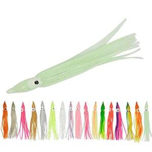 50pcs 글로우 부드러운 플라스틱 문어 오징어 스커트 낚시 미끼 저음 연어 송어용 소금물 낚시 미끼 세트 5cm 10cm 12cm 15cm 10색 포함