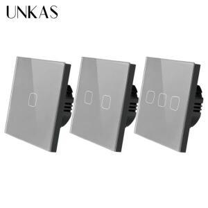 UNKAS EU/UK 표준 1/2/3 갱 단방향 터치 스위치 회색 크리스탈 유리 패널 라이트 벽 전용 기능