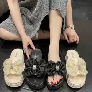 슬리퍼 큐빅 여름 통굽 슬리퍼 나들이 예쁜 쉬폰 리본 블링 사무실슬리퍼 뮬슬리퍼