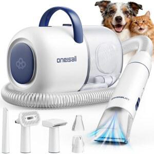 Oneisall 강아지 그루밍 진공청소기, 15000Pa 반려동물 진공 키트로 99% 반려동물 털 배출, 트리머 네일 그라인더가 장착된 강아지 그루밍 클리퍼, 59dB 이하의 조용한 브러시, 6개의 도구, 가정 청소용 2L 캐니스터