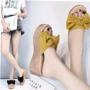 리본 웨지힐 스니커즈 여성 스웨이드 통굽 샌들 7cm