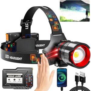 충전식 LED 헤드램프 99000 고광도, 12가지 모드 및 IPX7 레벨 방수 USB 충전식 줌 헤드라이트, 야외 캠핑, 달리기, 자전거 타기, 등반, 집에서 125 조절 가능
