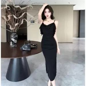 여사친 치마 검정 롱 프렌치 터틀넥 트임 나시 슬림 드레스 스몰 쉬폰 레이스 CH1