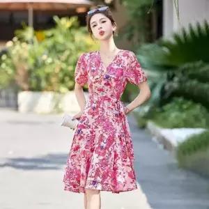 원피스 치마 여사친 여름 쉬폰 프렌치 브이넥 스트링 프린트 언발 슬림핏 CH2