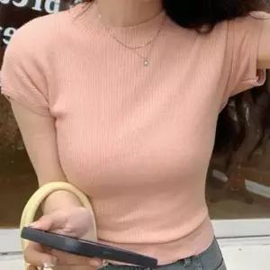 여성 여름 골지 니트 반팔 뒤 뒷 트임 티 셔츠 핑크