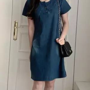 여성 데님 청치마 키작녀 빈티지 반팔 미디 원피스