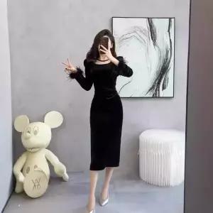 EAMT 여친 원피스 스커트 검정 빈티지 가을 프렌치 랩 절개 주름 벨벳 EUNG3