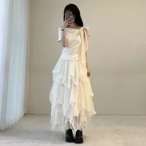 여자 발레코어 언발 쉬폰 캉캉 프릴 시스루 롱스커트_25537642_588872