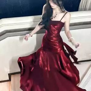 드레스 벨벳 레드드레스 레드 유색 미디 머메이드
