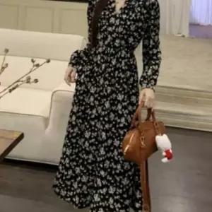 여성용 플라워 패턴 브이넥 랩 롱 원피스 데일리 여친룩