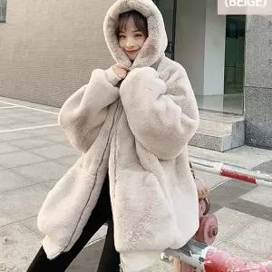[하프클럽/]캐주얼 여성 오버핏 페이크 밍크퍼 후드 집업 자켓