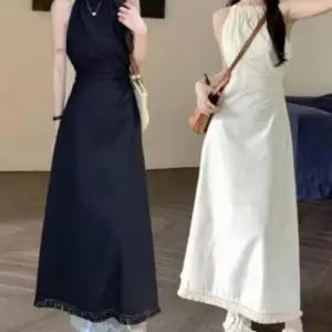 바캉스 홀터넥 드레스 허리 뒷트임 롱 시스루 원피스