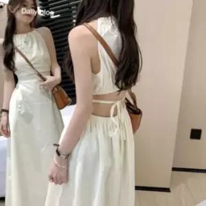 여성 여름 심플 시크 홀터넥 허리 백 트임 롱원피스