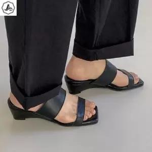 [애슬릿] 뮬 슬리퍼 소가죽 투스트랩 발편한 웨지 키높이 통굽 슬라이드 5cm