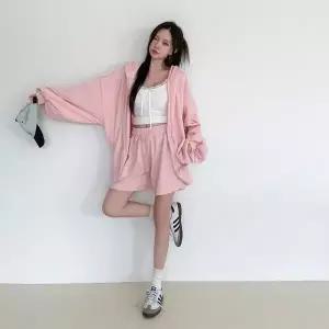 [옷자락]여자 캐주얼 루즈핏 후드 집업 반바지 트레이닝 세트_P427817358