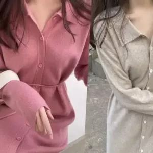 카라 니트원피스 허리끈 단추 롱원피스 H라인 루즈핏