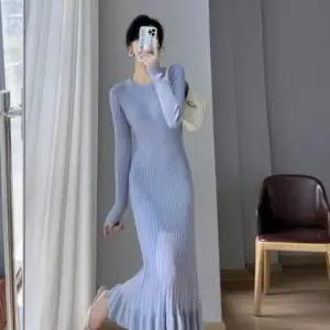 여자 3컬러 심플 깔끔한 라인 프릴 골지 롱원피스