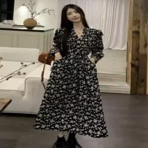 여성용 랩 디자인 브이넥 플라워 패턴 원피스