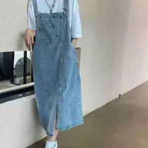 여성 멜빵 언발 데님 롱원피스 캐주얼 치마
