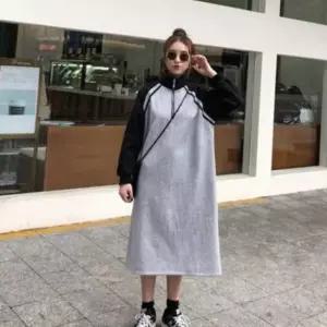이쁘다요 소매배색 롱 원피스 하이 앞지퍼