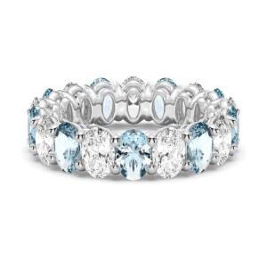 MSBLUE 6.6ct 랩 그로운 화이트 사파이어 및 아쿠아 마린 이터널 밴드, 14K 골드 베르마일 웨딩 링, 로듐 피니시