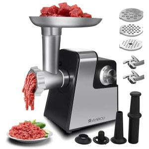 XFCNikou 전기 고기 분쇄기, 2800W 맥스 소시지 스터퍼, 스테인리스 스틸 다진 사람, 칼날 2개, 접시 3개, 튜브 및 가정용 주방용 큐브 키트 포함