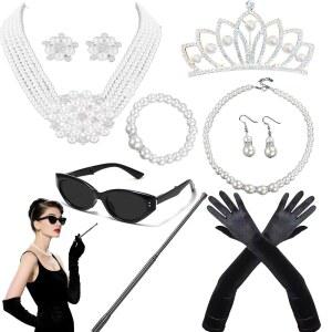 9pcs Hepburn 스타일 의상 1920년대 액세서리 20대 홀리 골라이틀리 진주 목걸이 귀걸이 장갑 T's 주얼리 세트 할로윈 웨딩 플래퍼 파티 코스프레 여성 아침 식사용