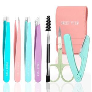 스위트 뷰 7pcs 여성용 정밀 플럭커용 눈썹 핀셋 키트(얼굴, 턱, 눈썹, 스플린터 및 인그로운 헤어용 브로우 가위 면도기 & 스풀리 포함)