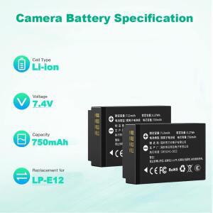 캐논 Kiss X7 Rebel SL1 EOS 100D M M2 M10 M50 Mark II M100 M200 카메라용 SKOWER 750mAh LP-E12 배터리