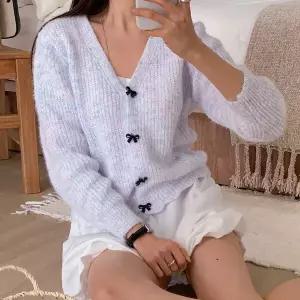 [하프클럽/]발레코어 브이넥 골지 스칼럽 파스텔가디건 리본니트