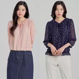 지센 여성 피어로즈 도트변형 플랫 카라 블루종 블라우스 LFWSP391