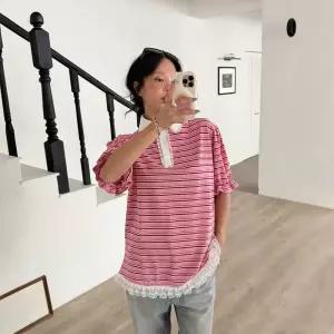 봉봉 면100 페미닌 단가라 여름 반팔 데일리 카라레이스 티셔츠 여성 핑크 베이지