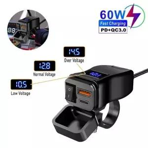 오토바이 핸들 바 마운트 고속 충전기 PD QC30 60W 듀얼 USB 소켓 LED 전압계 포함 자전거 모토용 방수