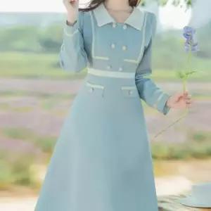 스카이블루 진주버튼 트위드 각카라 원피스 경성의상