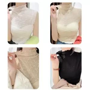 친절한탄씨 여성 여름 프릴넥 플라워 시스루 반폴라 크롭 민소매 티셔츠 레이스티셔츠 레이스반팔