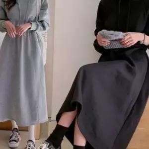 여성 허리밴딩 긴팔 플레어 치마 원피스 면 무지 스타일 후드 스커트
