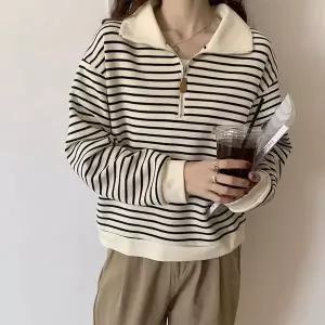 [하프클럽/]줄무늬 카라티 여성 단가라 집업 스웨트 셔츠 오버핏 긴팔 면티