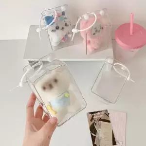 ( )골라가게 PVC 투명 파우치 10cm 인형 가방 키링 피규어 가챠 지갑 에어팟 화장품 수납 가방고리 우유팩