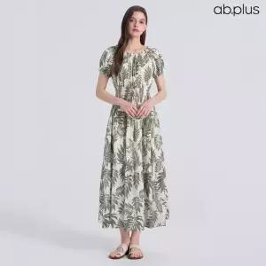 [ab.plus] 리프 패턴 스모킹 롱 원피스 (LSA3MO32A)