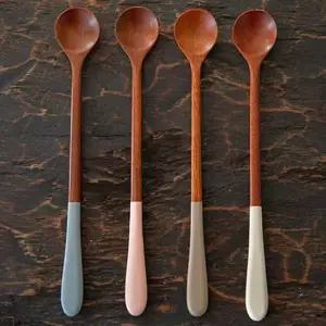 [골드스마일]모던칼라 우드 롱티스푼 4color5pcs (원) 가정용 카페용 예쁜스푼